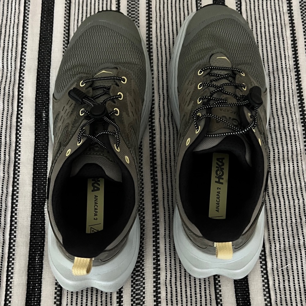 Hoka Men's Anacapa 2 Trail Shoes in Olive and Gray with Gold Accents